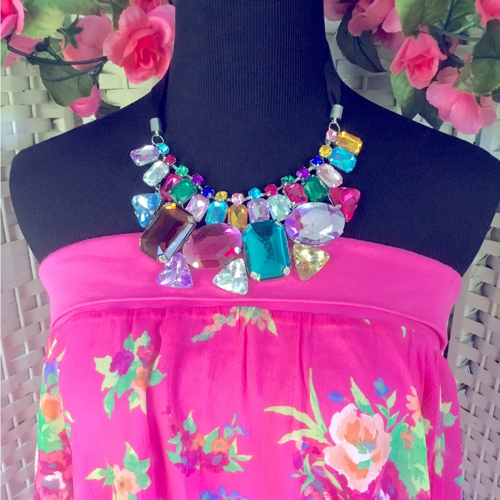 Multi Color Rhinestone Ribbon Bib Statement Necklace Chunky New - Picture 2 of 9